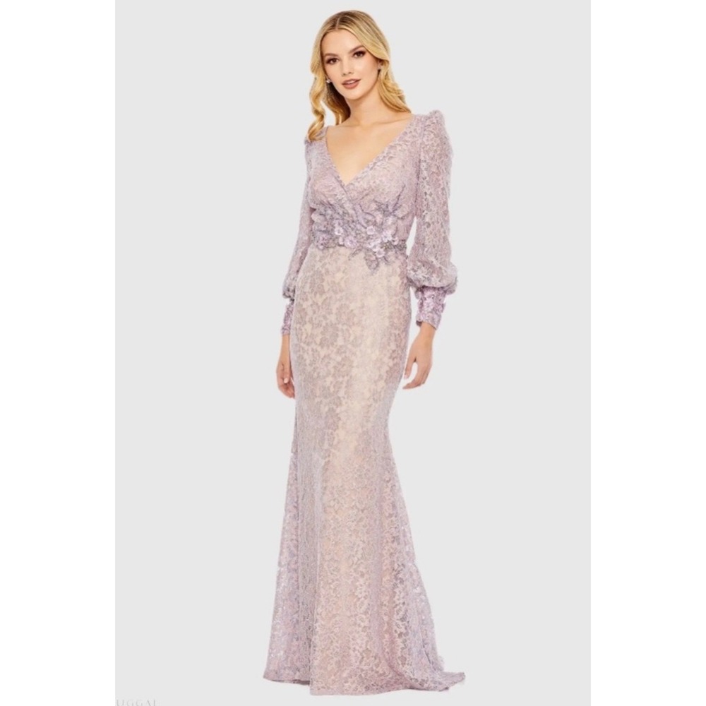 MAC DUGGAL 79397 Vintage Lilac Lace Long Sleeve V Neck Embellished Gown Sz 14